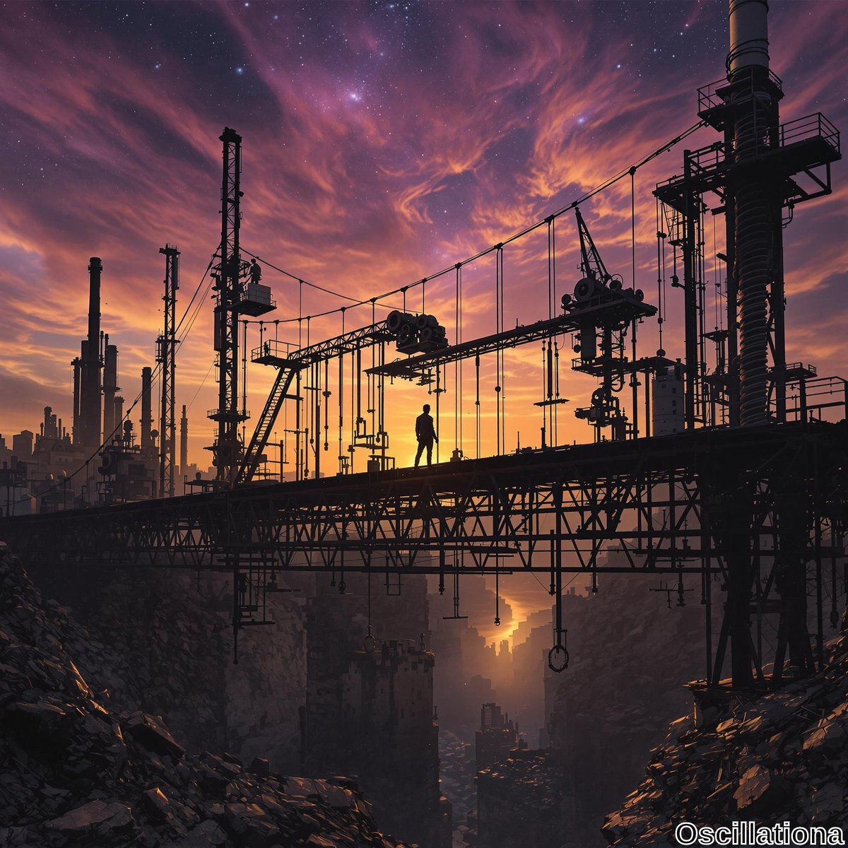 A silhouetted figure stands on a sturdy bridge at dusk, surrounded by towering industrial structures and scaffolding.