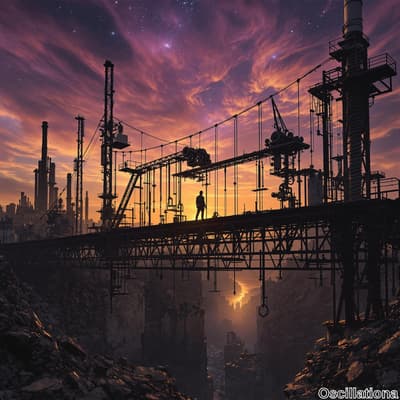 A silhouetted figure stands on a sturdy bridge at dusk, surrounded by towering industrial structures and scaffolding.