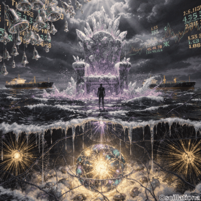 A surreal scene with a glowing purple crystalline throne on a stormy ocean, a human figure facing it, and two ships navigating the rough seas
