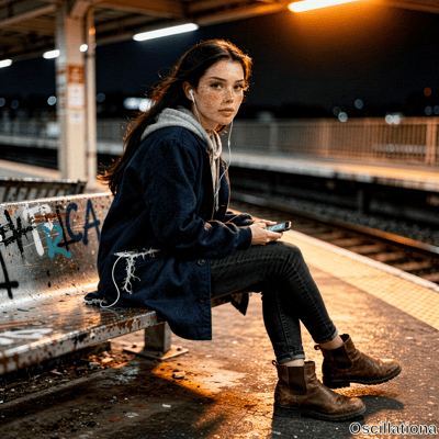 A young woman with freckles and wind-swept dark hair sits on a graffiti-covered bench at a night train platform looking at camera under warm lights with neutral pensive expression and railway tracks visible behind. 
.