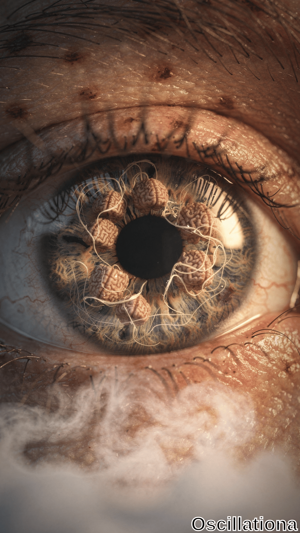 A highly detailed surreal human eye with brain-like structures connected by thin filaments arranged in a circular pattern around the pupil within the iris, featuring natural colors of brown, green, and hints of blue, set against warm, fleshy skin