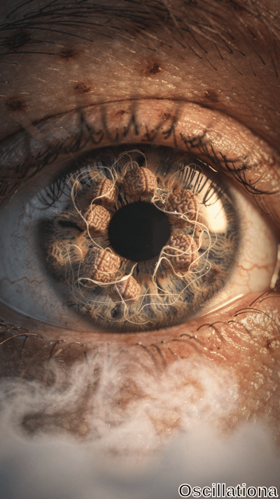 A highly detailed surreal human eye with brain-like structures connected by thin filaments arranged in a circular pattern around the pupil within the iris, featuring natural colors of brown, green, and hints of blue, set against warm, fleshy skin
