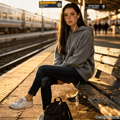 A young woman with freckles in gray hoodie with earphones sits on bench at golden hour train station looking at viewer with backpack beside silver train in warm light.
.