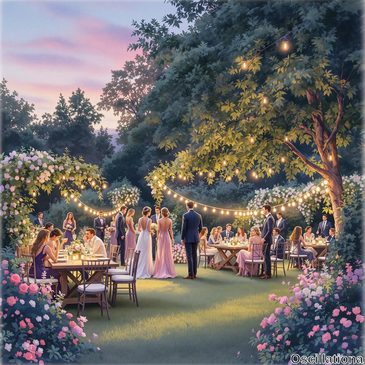 "An elegant outdoor wedding reception at dusk in a lush garden, with soft white string lights casting a warm glow.