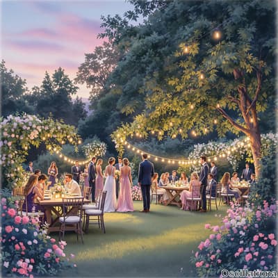 "An elegant outdoor wedding reception at dusk in a lush garden, with soft white string lights casting a warm glow.