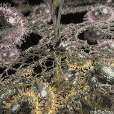 A surreal, microscopic scene with a metallic, fluid-like structure flowing from the top center