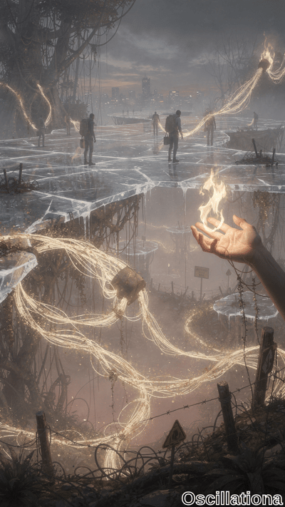 A hand in the lower right corner holds a flame with glowing tendrils extending upwards, intertwining with the environment in a surreal, post-apocalyptic scene