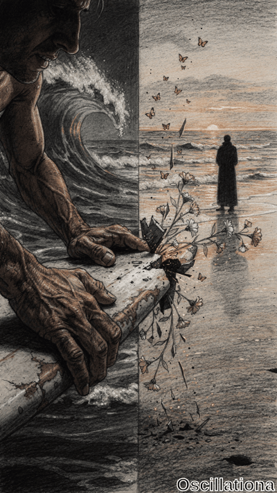 Surreal diptych: rugged man's face in waves gripping plank bursting daisies & butterflies; serene beach sunset silhouetted figure, butterflies to sailboat.