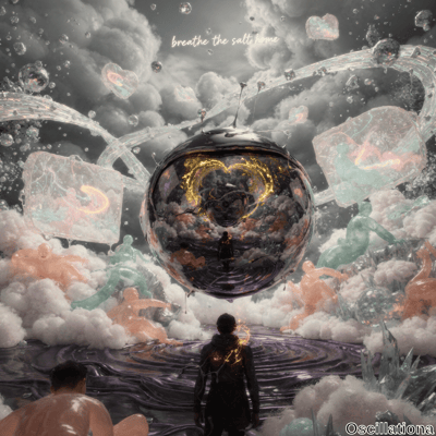 A large reflective sphere with a distorted image of a person and a glowing heart inside, set amidst pastel-colored clouds