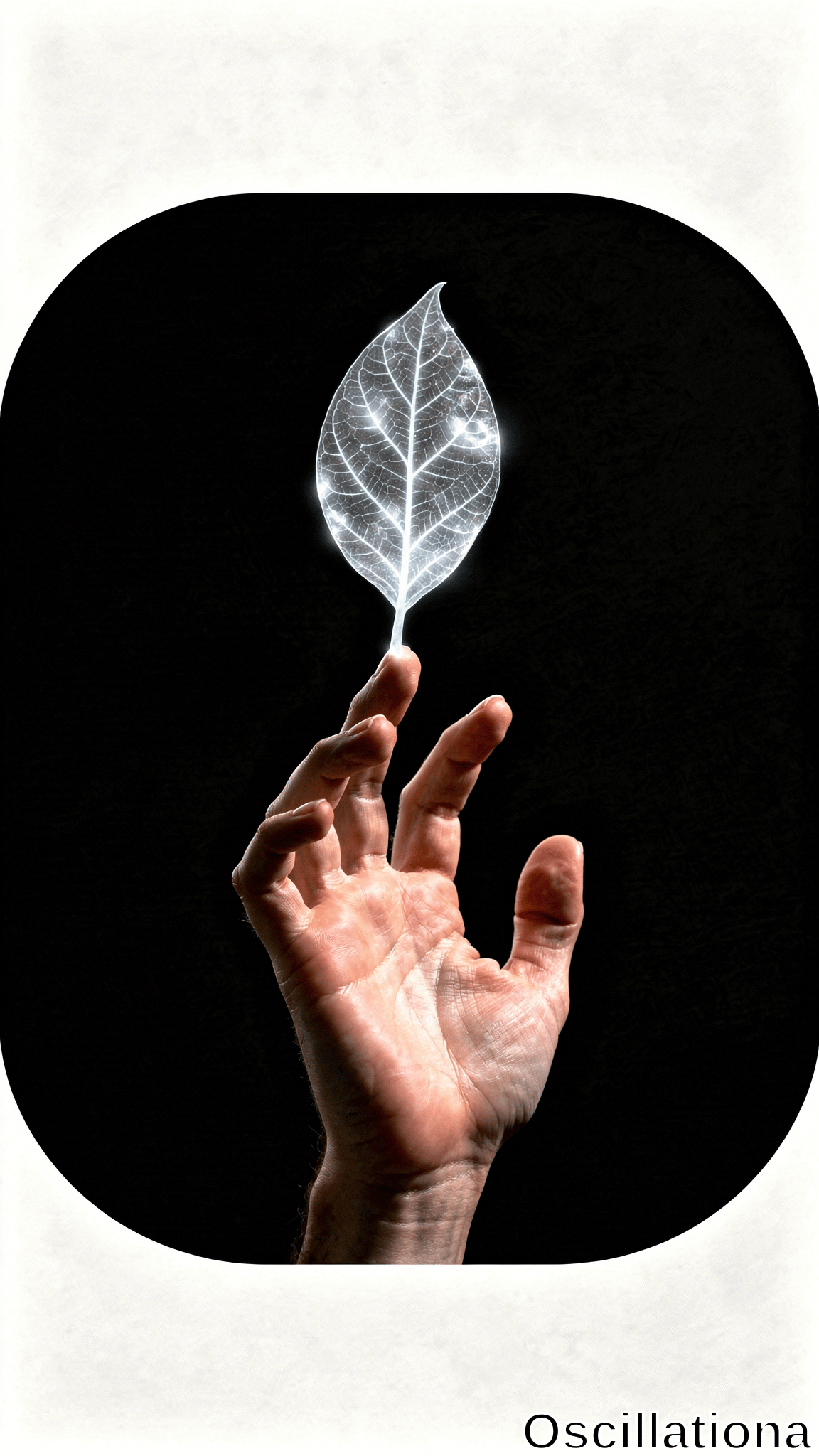 A hand with palm up delicately holds a glowing, translucent leaf, its veins illuminated from within, set against a dark background