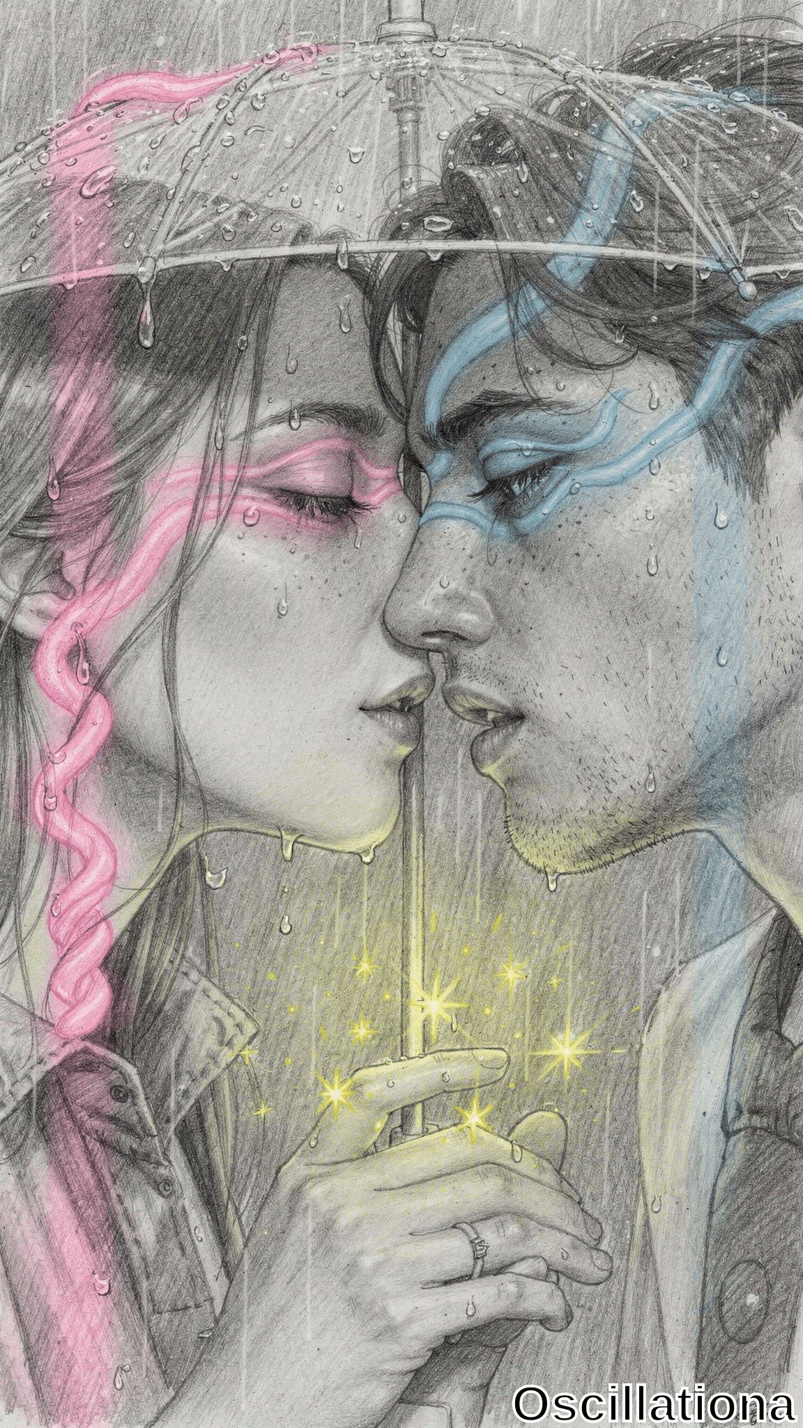 Close-up pencil sketch of young woman and man in intimate near-kiss under translucent umbrella in heavy rain. Her wet dark hair has pink braid, pink makeup, freckles, denim jacket; his wet hair, blue tribal markings