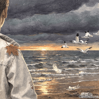 Solitary figure in gray jacket with maple leaf stands on beach gazing at stormy clouds with golden sunset reflecting on choppy sea and seagulls. 
The contemplative mood contrasts warm horizon light against dark turbulent skies above choppy waves