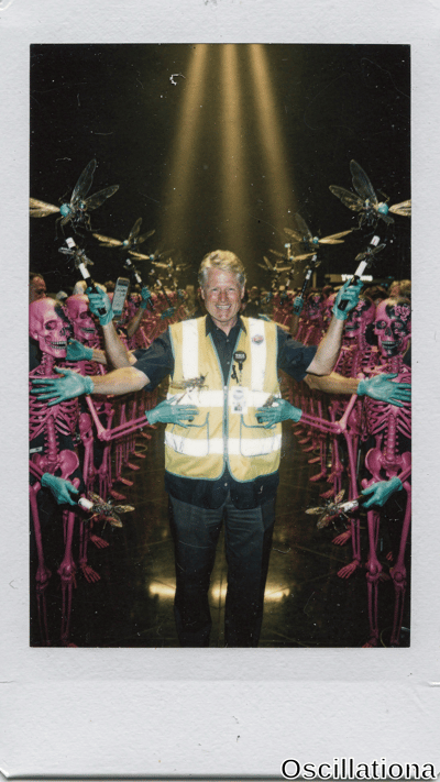 Surreal Instax Polaroid with white frame: smiling Bill Clinton lookalike in yellow hi-vis vest, blue shirt/pants, TSA badge, center-stage under golden spotlights on glossy black floor. Hot pink skeletons in lime