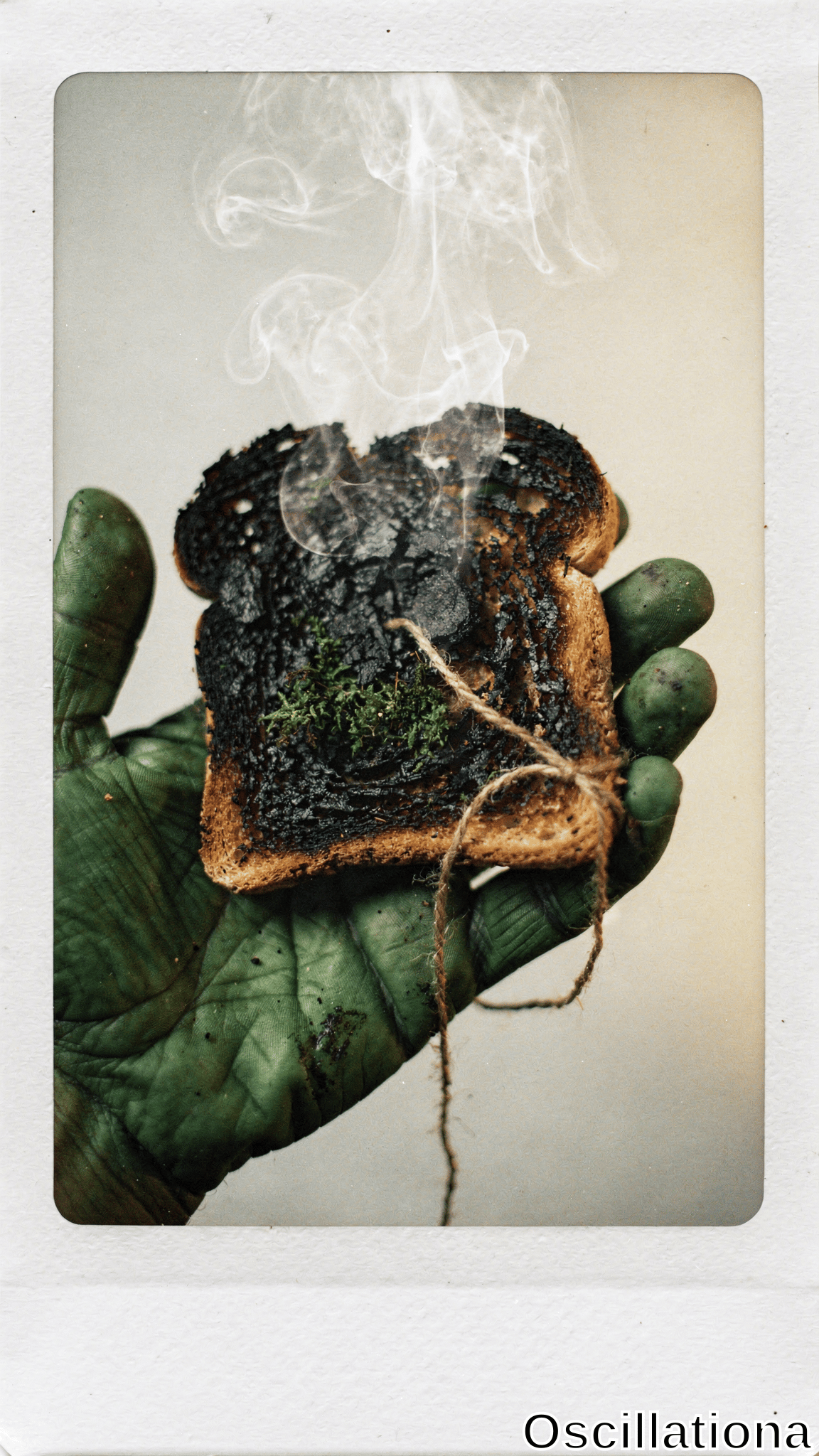 Surreal Polaroid-style close-up with white borders & faint yellow tint: heavily burnt toast slice w/ charred black crusts, hollow ashy center overgrown w/ lime-green moss clumps bound by thin brown twine, held