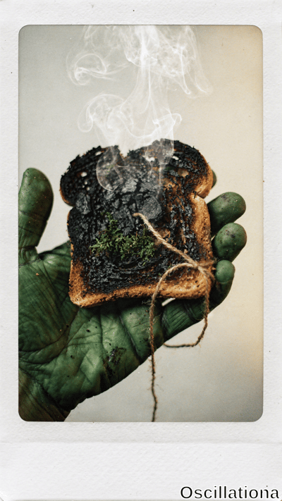 Surreal Polaroid-style close-up with white borders & faint yellow tint: heavily burnt toast slice w/ charred black crusts, hollow ashy center overgrown w/ lime-green moss clumps bound by thin brown twine, held