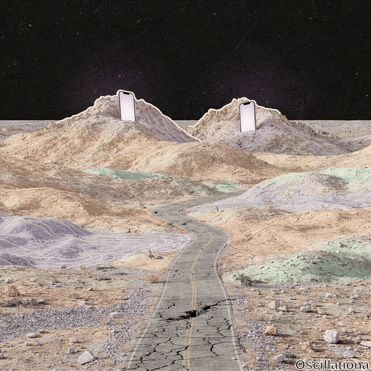 Surreal glitch-art desert under starry black sky with purple glows & scan-lines. Giant glowing iPhone-like phones w/ white screens, pink edges on tan hills emit magenta auras; cracked yellow-striped road w/ pothole