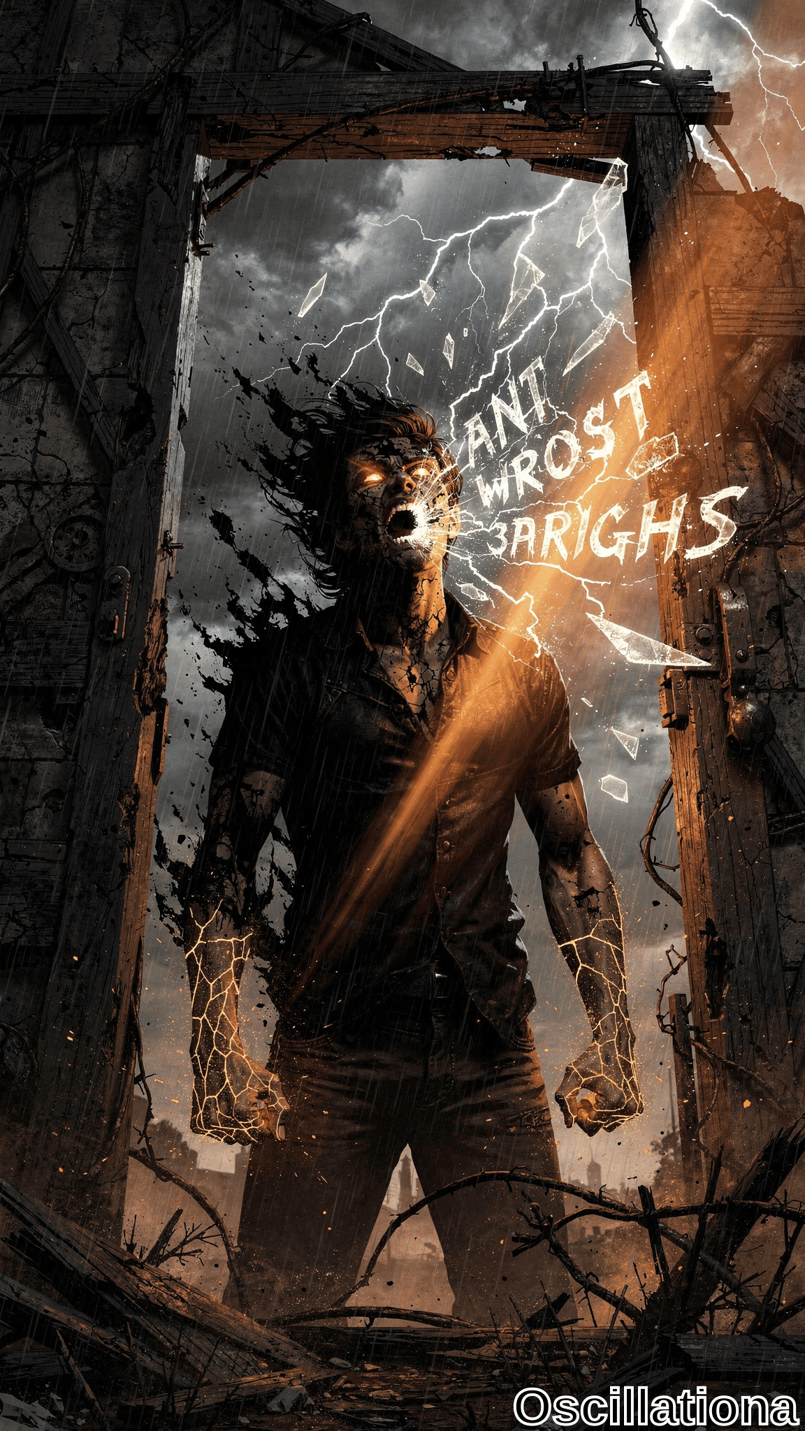 Muscular man with bright orange cracks on his skin stands in a shattered wooden doorway beneath a stormy sky filled with lightning bolts. Dark dramatic lighting with fiery highlights and debris.