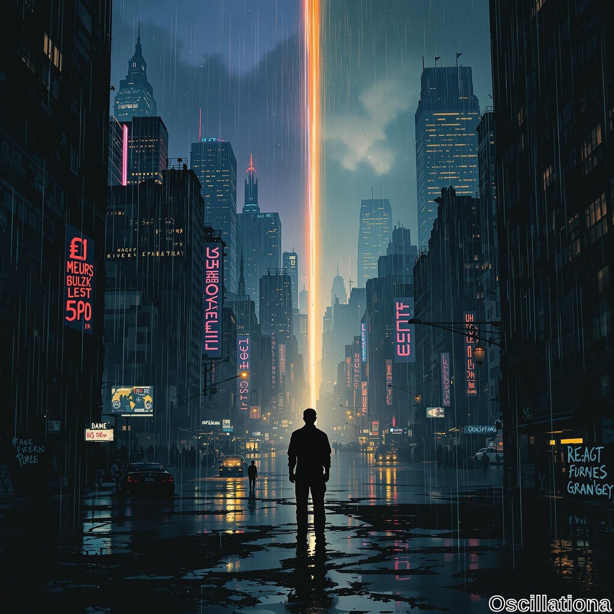 A silhouetted figure stands in the foreground of a cyberpunk cityscape at night, facing a bright orange beam of light piercing the sky.