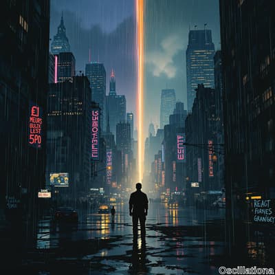 A silhouetted figure stands in the foreground of a cyberpunk cityscape at night, facing a bright orange beam of light piercing the sky.