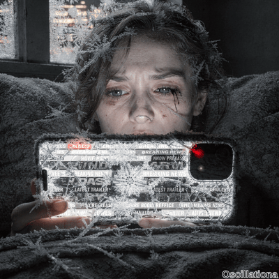 Close-up portrait of haunted young woman with frostbitten pale face, snow-encrusted brown hair, mascara tears from blue eyes, blood streaks on cheeks; intensely stares holding cracked frosty iPhone with glowing fragmented "Breaking