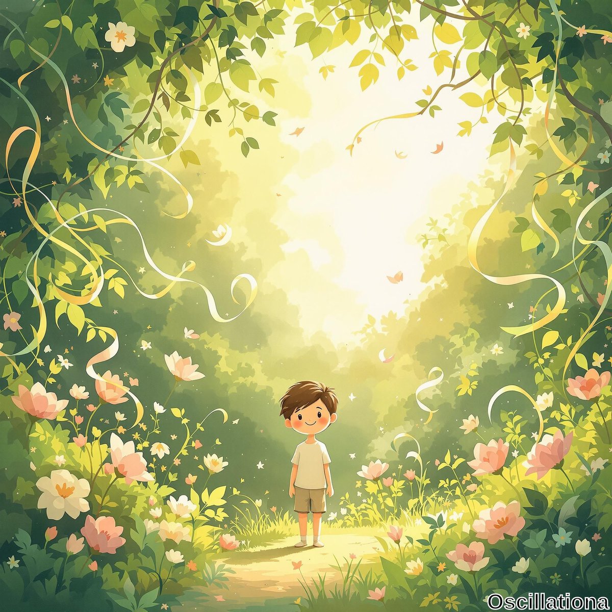 A young boy with short brown hair stands on a softly lit path in a lush green forest, wearing a white t-shirt and beige shorts.