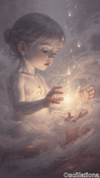 A young child with light skin and short, tied-back hair gazes downward with a serene expression