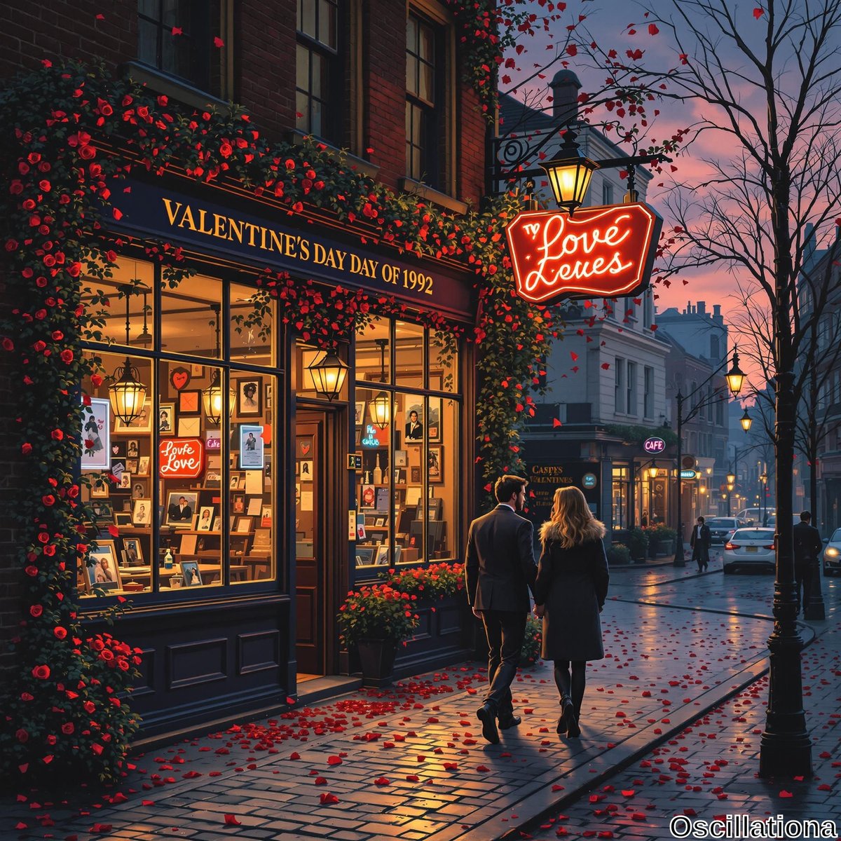 A twilight street scene from Valentine's Day 1992, featuring a quaint shop covered in red roses and a glowing "Love" neon sign.