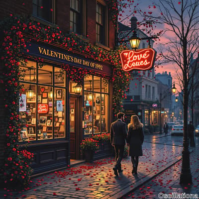 A twilight street scene from Valentine's Day 1992, featuring a quaint shop covered in red roses and a glowing "Love" neon sign.
