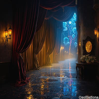 A mysterious corridor bathed in golden light, with deep red curtains elegantly framing the scene.