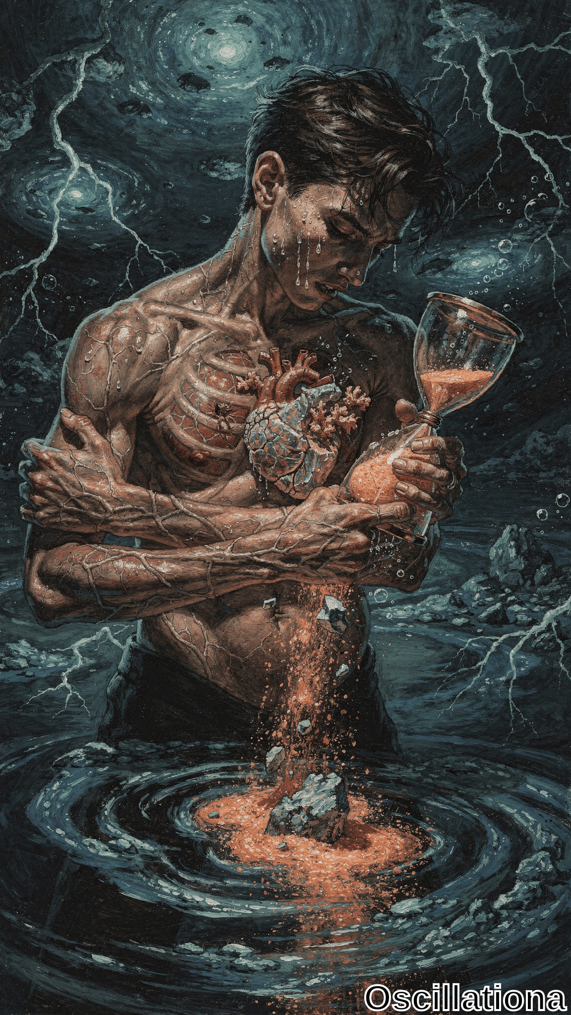 A muscular man stands in dark water with his chest opened to reveal a rooted heart, clutching an hourglass as red sand spills from his body into swirling ripples. Lightning flashes across a stormy night sky in this dramatic, surreal scene.