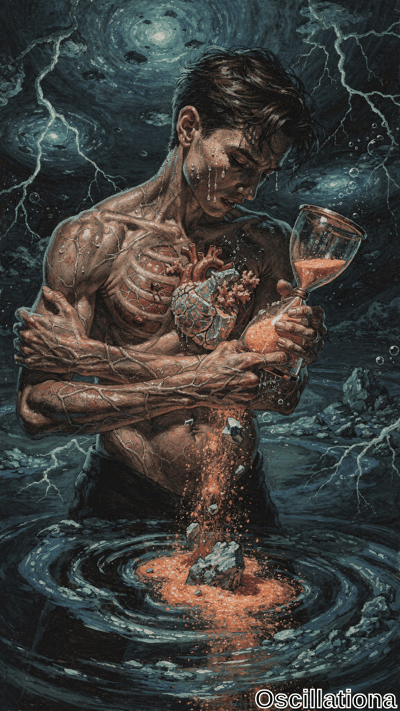 A muscular man stands in dark water with his chest opened to reveal a rooted heart, clutching an hourglass as red sand spills from his body into swirling ripples. Lightning flashes across a stormy night sky in this dramatic, surreal scene.