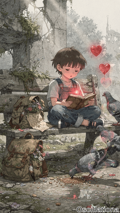 Anime-style boy with short brown hair, rosy cheeks, closed eyes, and blissful smile sits cross-legged on weathered bench in vine-overgrown ruins, reading glowing red book amid floating hearts. Flower-packed backpacks, pigeons, misty