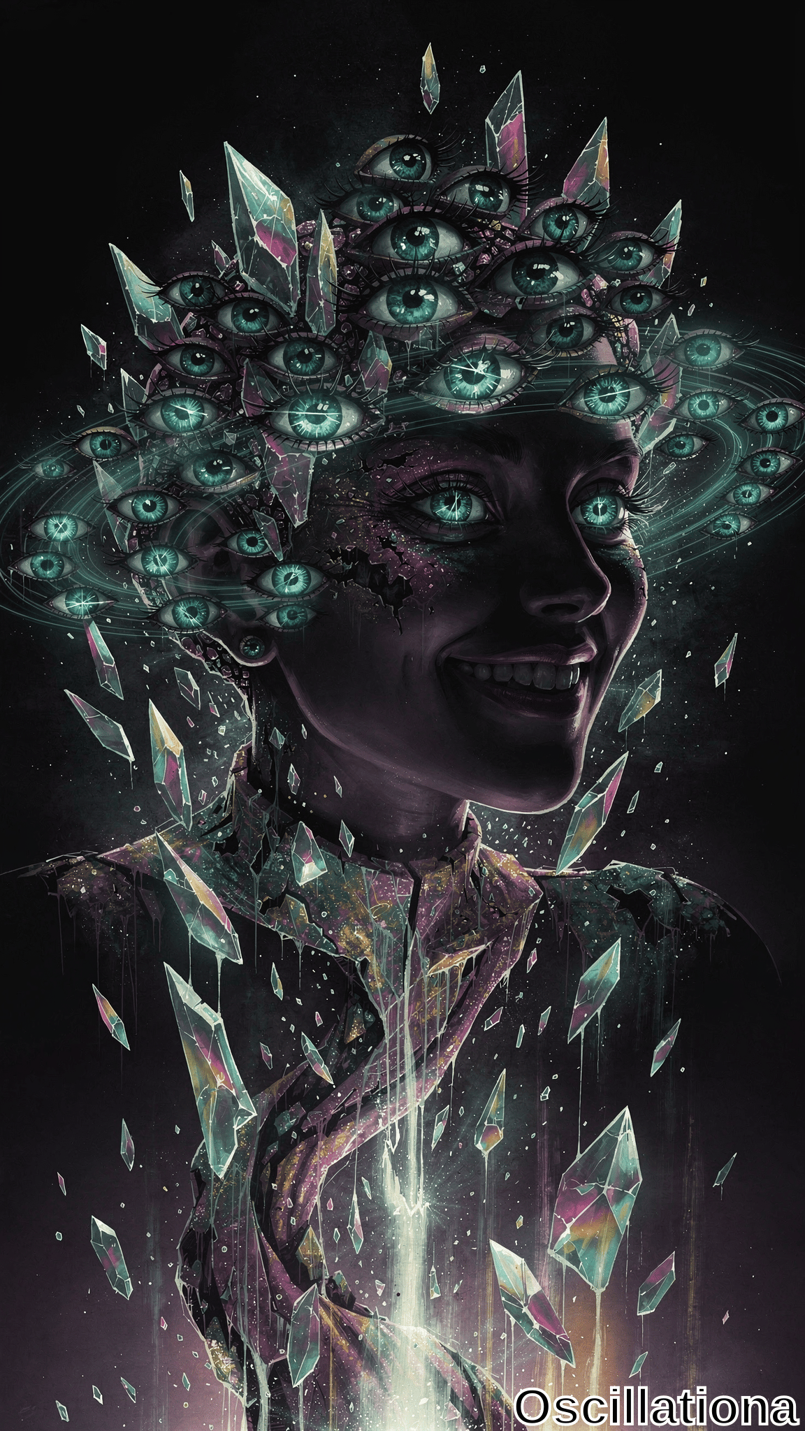A surreal digital artwork depicting a human figure with a shadowy face and broad smile, adorned with numerous glowing teal eyes in a circular pattern, creating a mystical aura