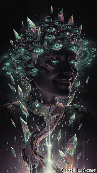 A surreal digital artwork depicting a human figure with a shadowy face and broad smile, adorned with numerous glowing teal eyes in a circular pattern, creating a mystical aura