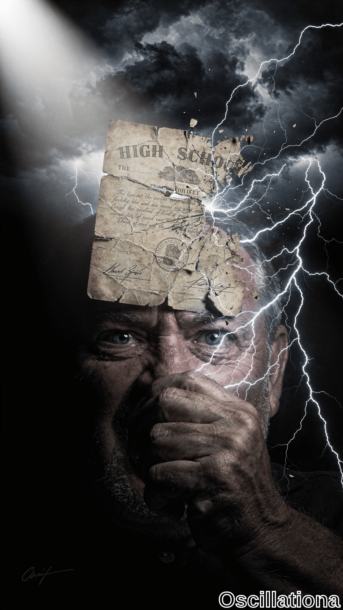 A person with wide, shocked eyes and a hand covering their mouth set against a stormy backdrop of dark clouds and bright, electric blue lightning bolts