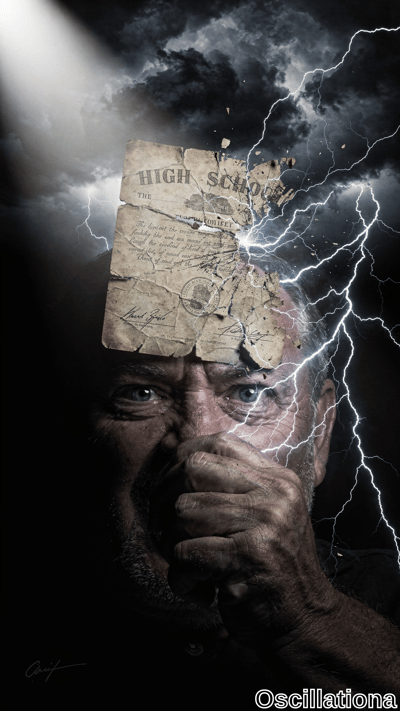 A person with wide, shocked eyes and a hand covering their mouth set against a stormy backdrop of dark clouds and bright, electric blue lightning bolts