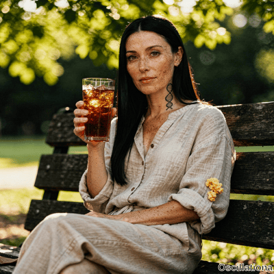 A woman with long black hair and freckles sitting on a bench holding tea with a tattoo and flowers, gazing at the viewer in a bokeh park setting with sunlit trees and warm natural vibes. 
.