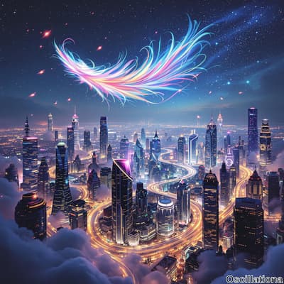 A futuristic cityscape at night with skyscrapers of diverse designs, illuminated in blue, purple, and white, creating a dazzling urban scene.