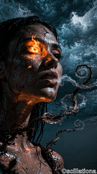 Close-up of a woman's wet face with cracked skin glowing orange from within, set against dark stormy clouds with swirling water tendrils emerging from her mouth.