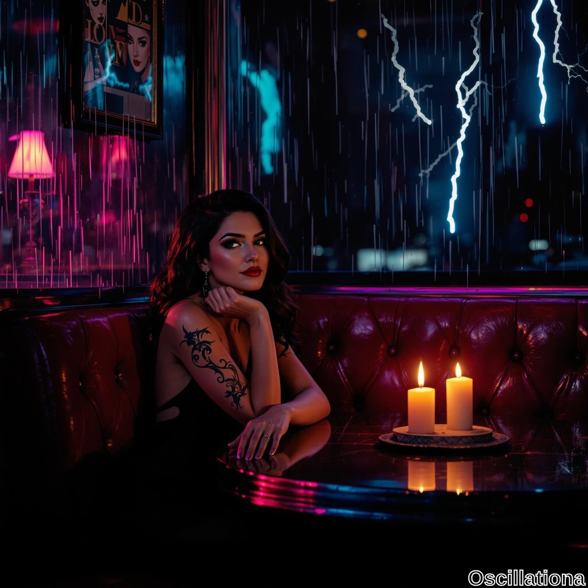 A woman with long, wavy dark hair and bold makeup, wearing a black sleeveless top with a visible tattoo on her upper arm, sits in a dimly lit neon-infused café or lounge