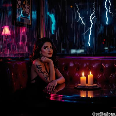 A woman with long, wavy dark hair and bold makeup, wearing a black sleeveless top with a visible tattoo on her upper arm, sits in a dimly lit neon-infused café or lounge