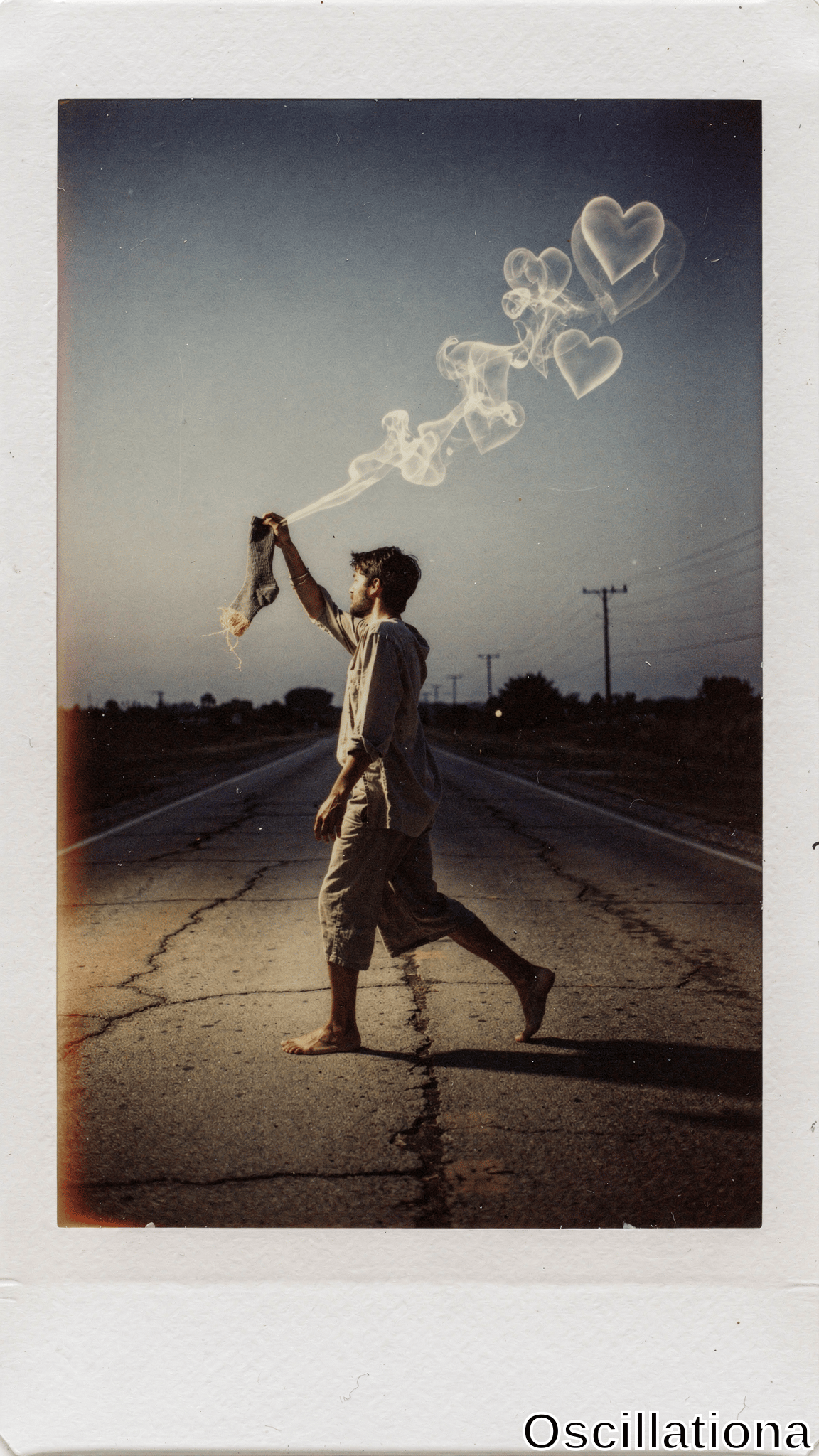 Instax-style photo of barefoot man in beige hoodie and khaki shorts walking right on cracked rural road at twilight, arm raised holding frayed sock trailing smoke morphing into glowing white hearts against hazy blue-purple sky, with power