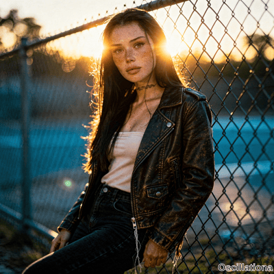 A young woman with long brown hair, freckles, hazel eyes, snake neck tattoo leaning on chain-link fence at golden hour with lens flare and rim light.
.