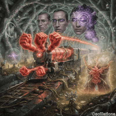 A surreal digital artwork featuring a menacing steam locomotive with red, muscular human-like arms at its front, set against a complex, tunnel-like background of intertwining roots and vines