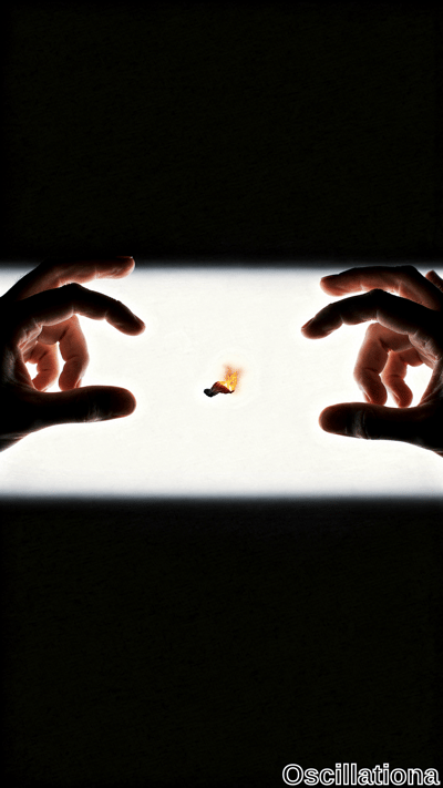 Two dark hands silhouette against a bright horizontal light, fingers extended toward a tiny burning match with an orange flame in the center.