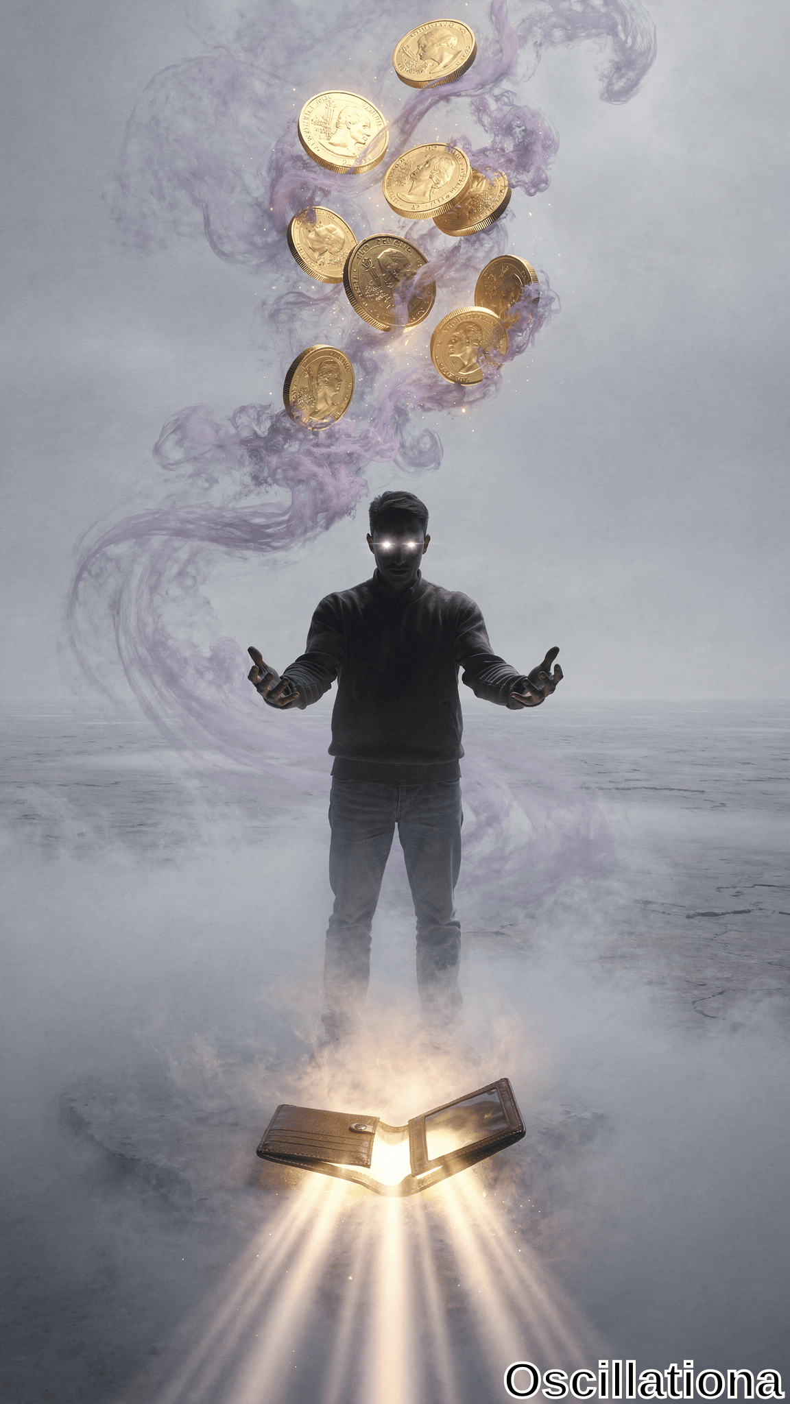 A man with luminous white eyes stands in thick fog over an open glowing book, arms outstretched as golden coins swirl upward in purple smoke. Dramatic lighting and mist create a mystical, ethereal mood.
