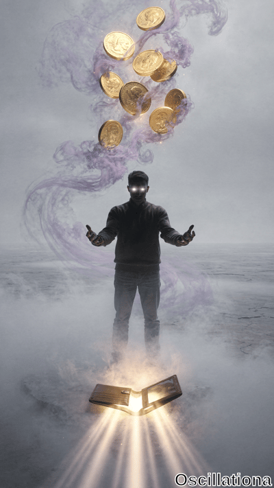 A man with luminous white eyes stands in thick fog over an open glowing book, arms outstretched as golden coins swirl upward in purple smoke. Dramatic lighting and mist create a mystical, ethereal mood.