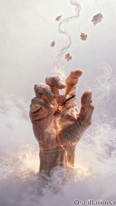 A surreal scene with an aged human hand emerging from misty clouds, featuring a glowing wound across the palm and fingers emitting golden light