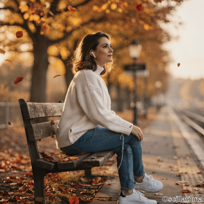 A woman with brown hair wearing off-white turtleneck and earbuds sits smiling in profile on a bench as leaves fall in golden autumn light.
.
