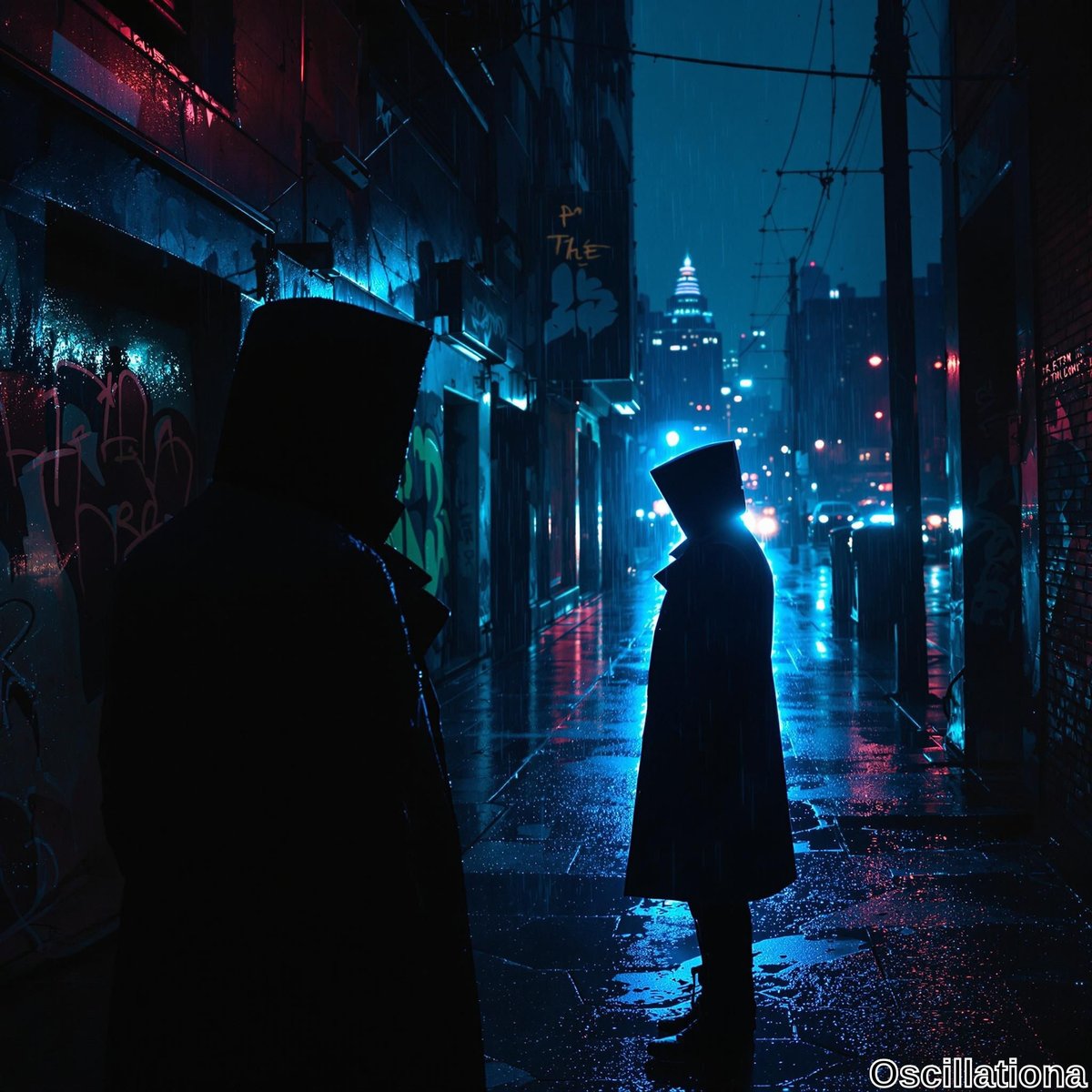 Two mysterious figures in dark hoods face each other in a rainy urban alley, illuminated by neon blue and red lights reflecting off wet pavement.